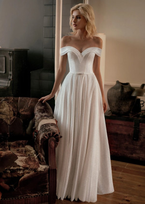 Off Shoulder Ivory Glitter Tulle Modern Wedding Dress